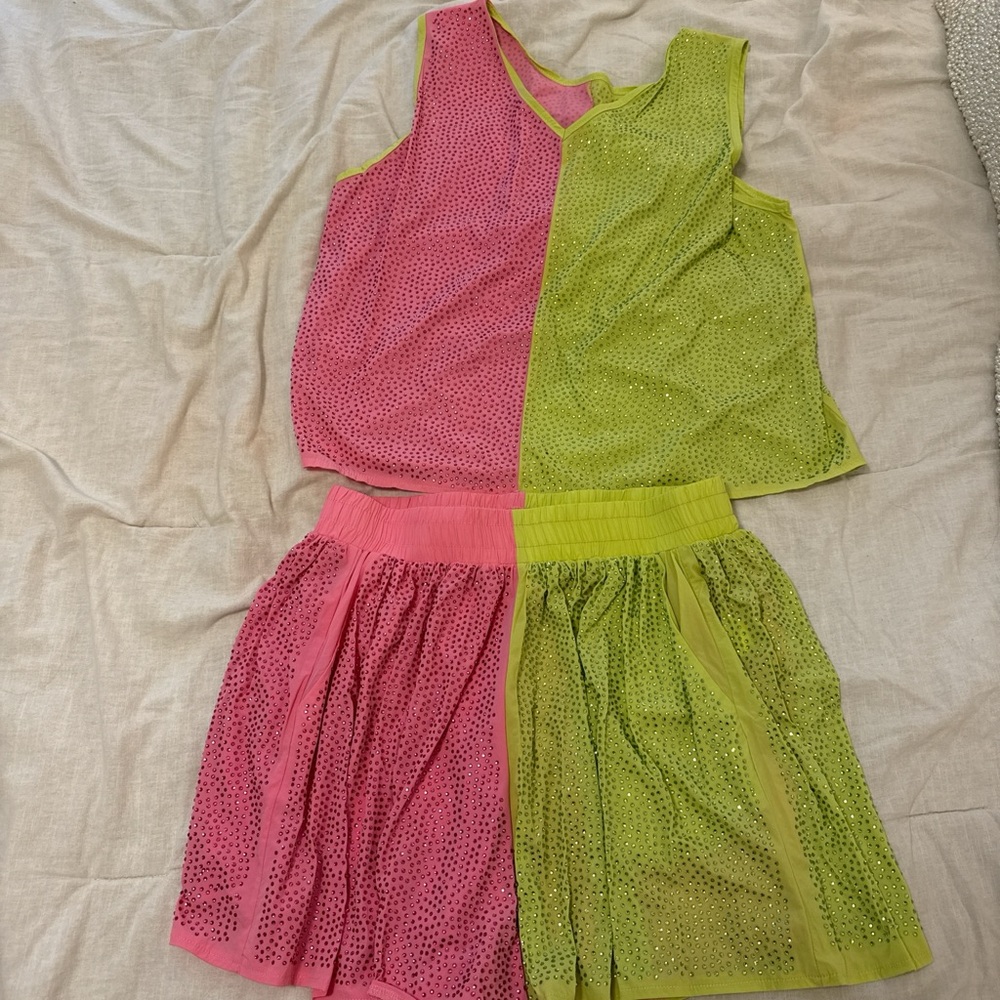QUEEN OF SPARKLES Hot Pink & Lime Green Sequin Two-Piece Set